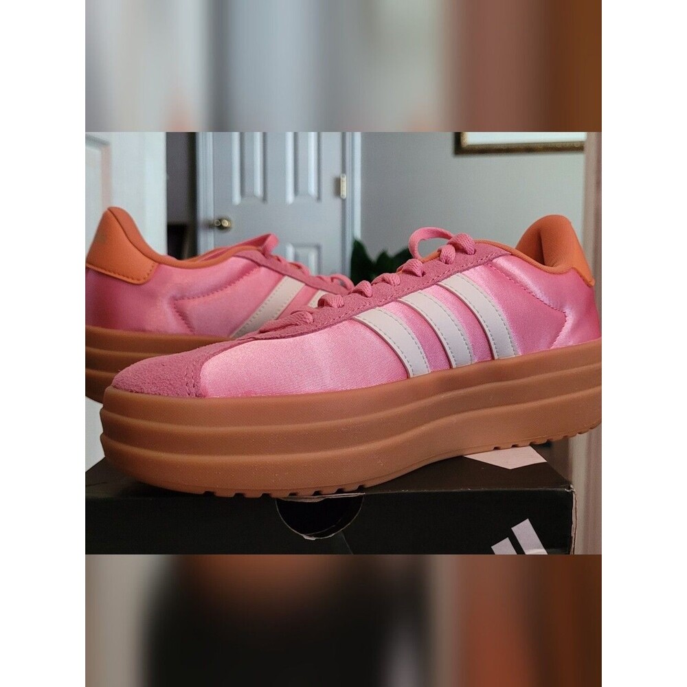Adidas VL Court Bold J Pink Satin Platform Sneakers with Gum-Tone Sole